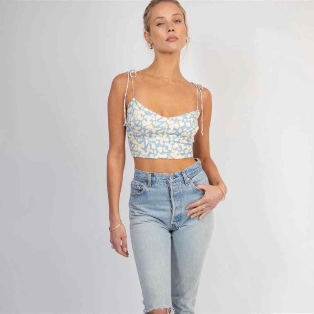 RESA Kai Crop Top Womens Small Blue Heart Print Tie Shoulder Smocked Back